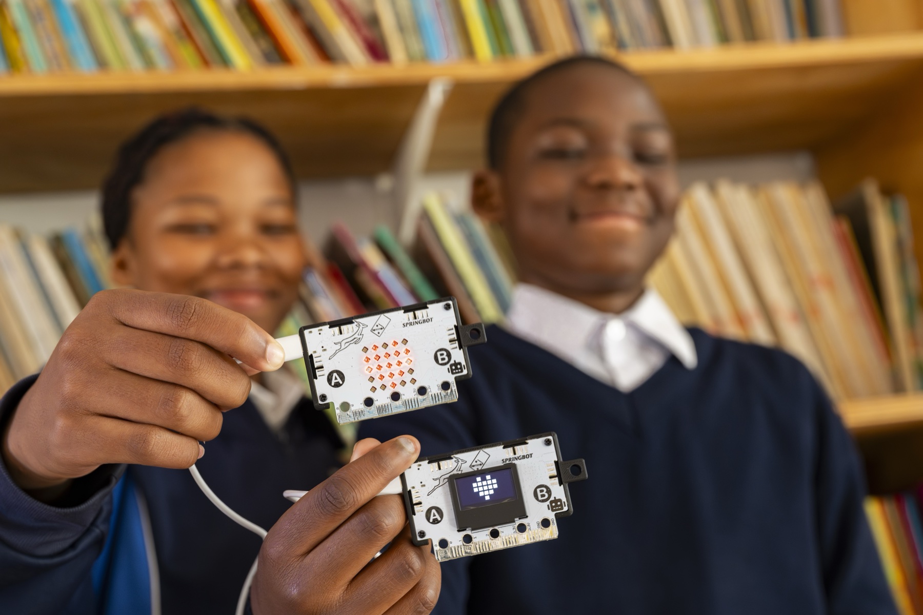 Learners holding Springbot Green and Gold boards